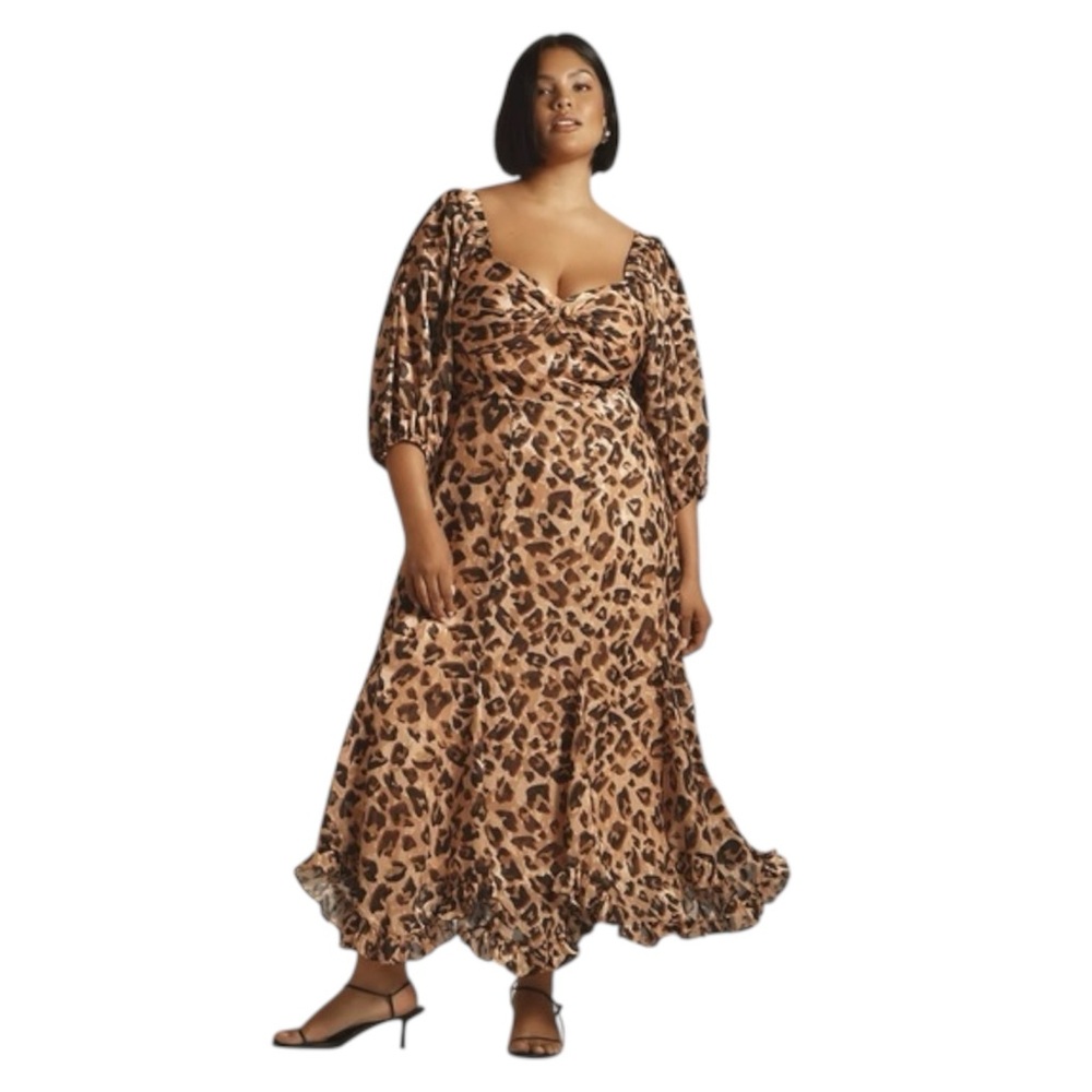 Hutch Anthropologie Leopard‎ Print Twist Front Puff Sleeve Midi Dress Women’s 1X